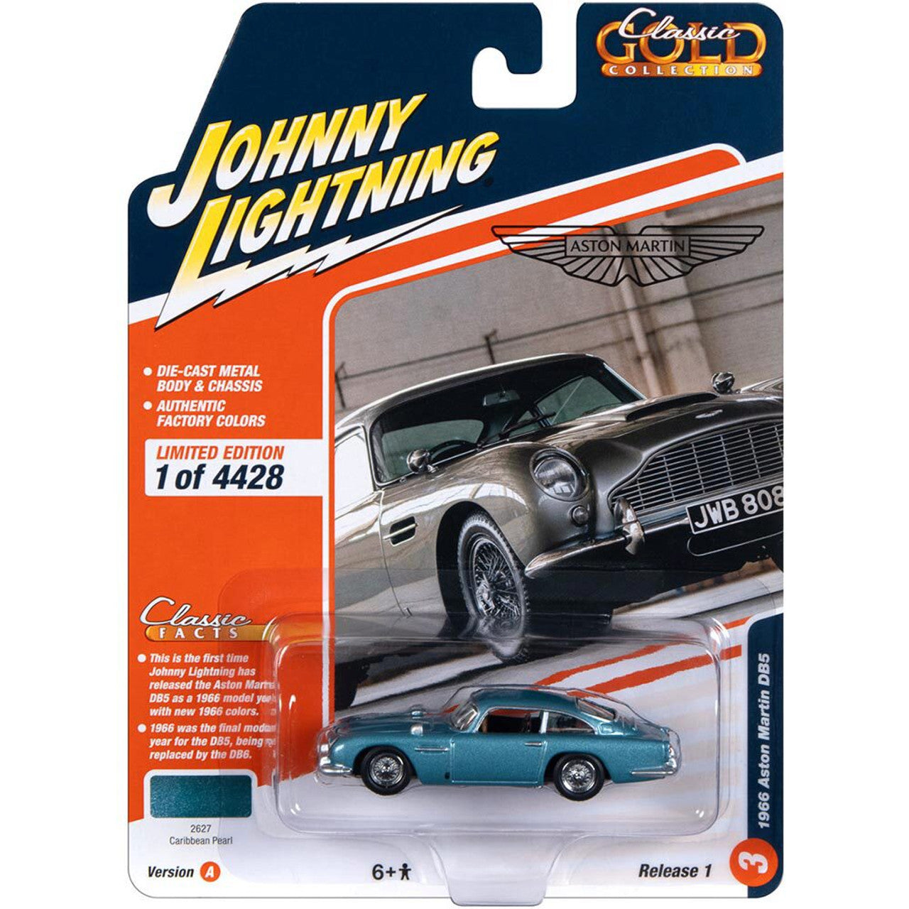 1966 Aston Martin DB5 - Caribbean Pearl 1:64 Scale Diecast Model Car by Johnny Lightning