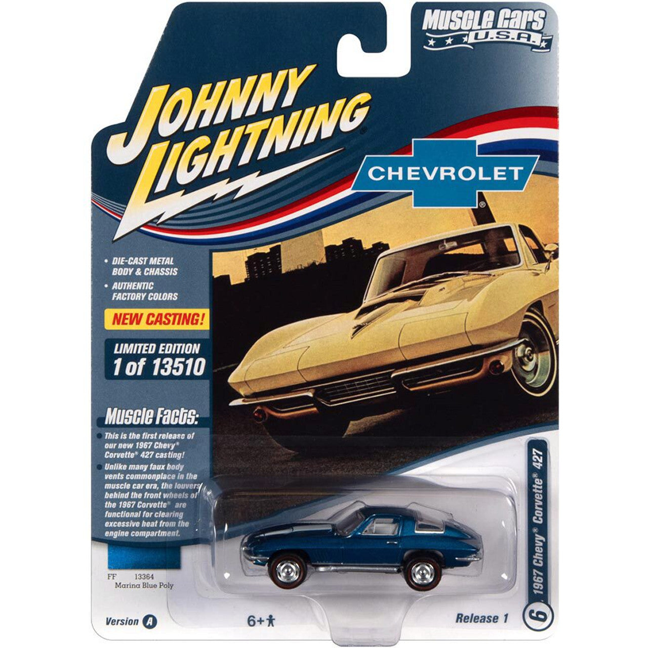 1967 Corvette - Marina Blue w/White Stinger Hood 1:64 Scale Diecast Model Car by Johnny Lightning