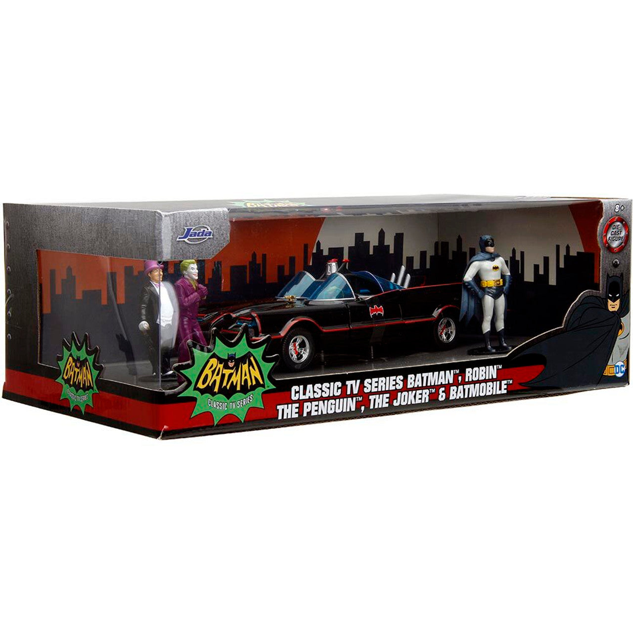 1966 Batmobile w/Batman, Robin Penguin & Joker Figures 1:24 Scale Diecast Model Car by Jada Toys