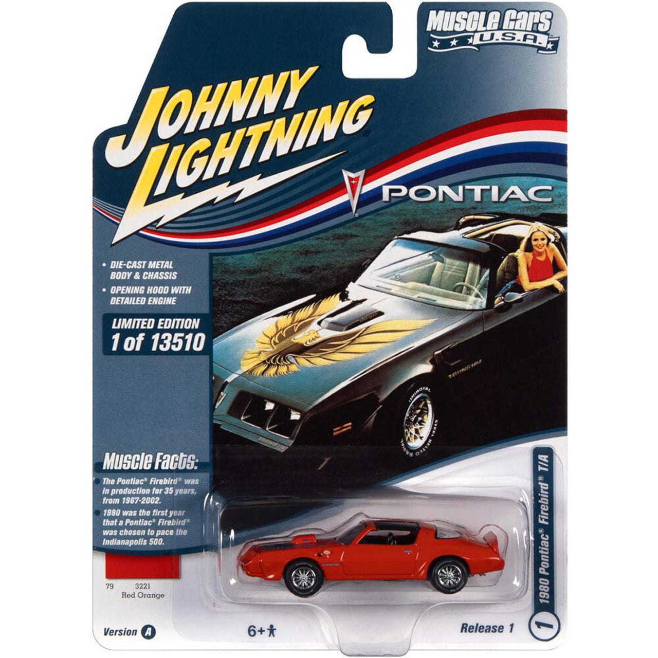 1980 Pontiac Firebird T/A - Red w/Blue Bird 1:64 Scale Diecast Model Car by Johnny Lightning