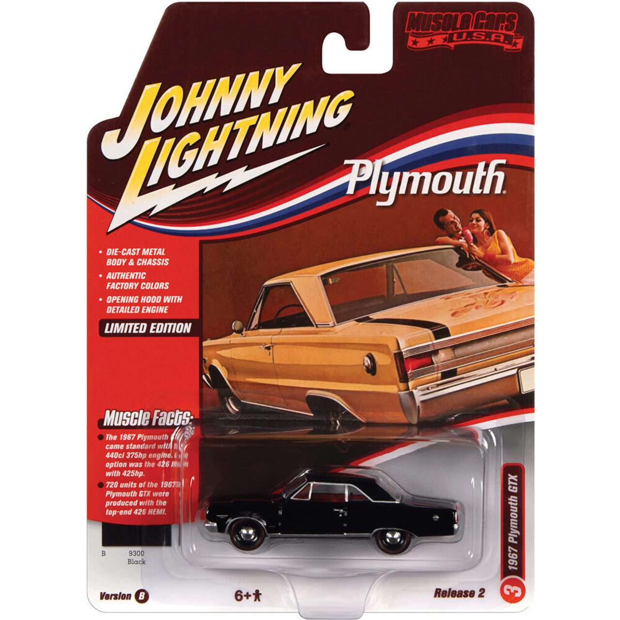 1967 Plymouth GTX - Gloss Black 1:64 Scale Diecast Model Car by Johnny Lightning