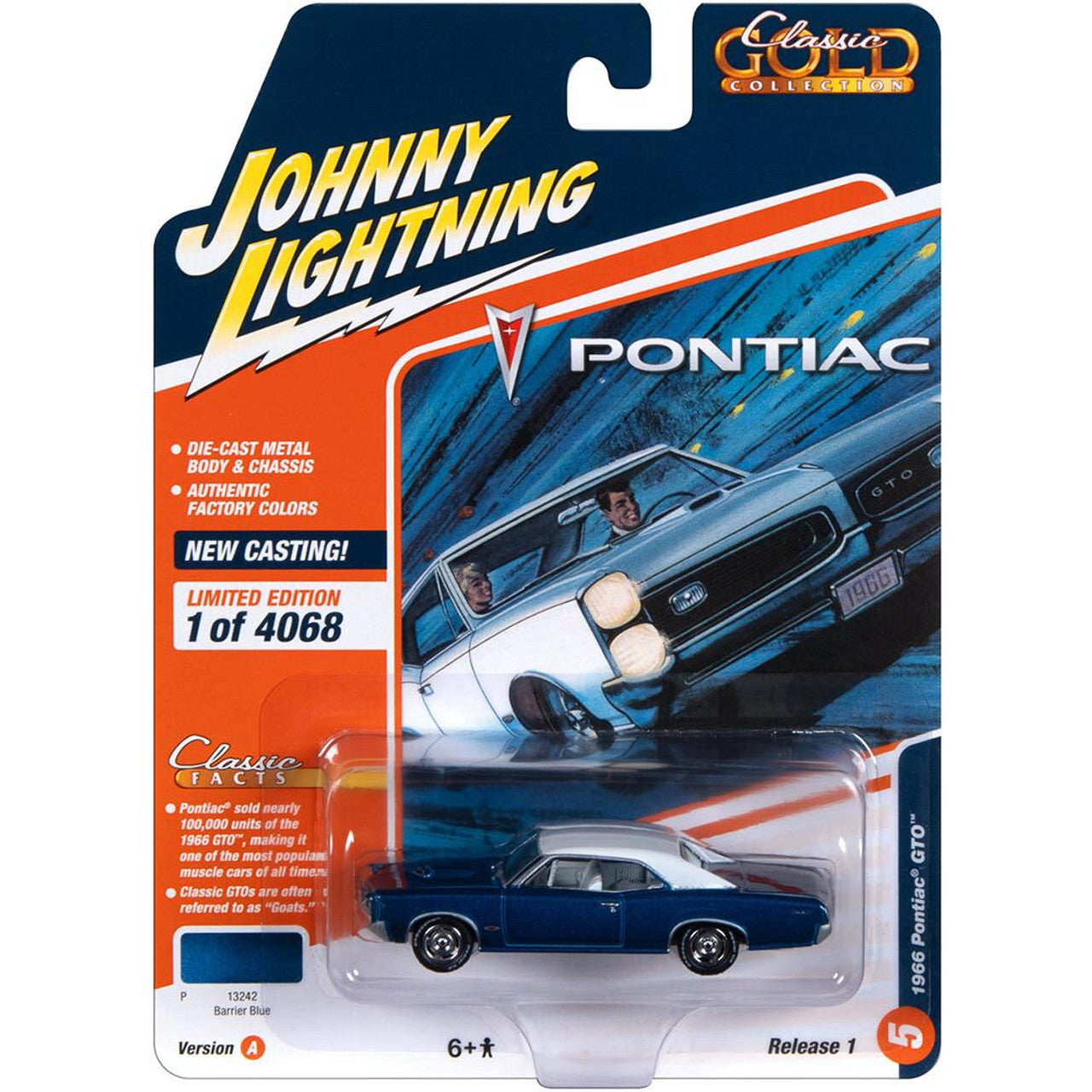 1966 Pontiac GTO - Barrier Blue 1:64 Scale Diecast Model Car by Johnny Lightning