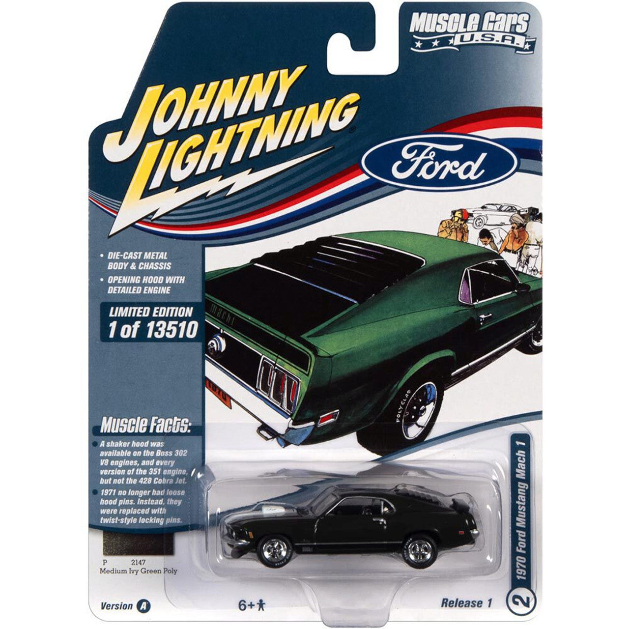 1970 Ford Mustang Mach 1 - Green w/428 Stripe 1:64 Scale Diecast Model Car by Johnny Lightning