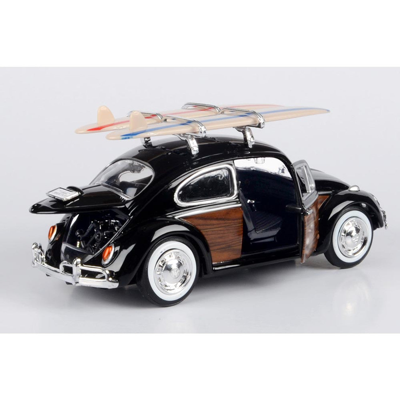 Volkswagen Beetle with Surfboard - Black 1:24 Scale Diecast Model Car by Motormax