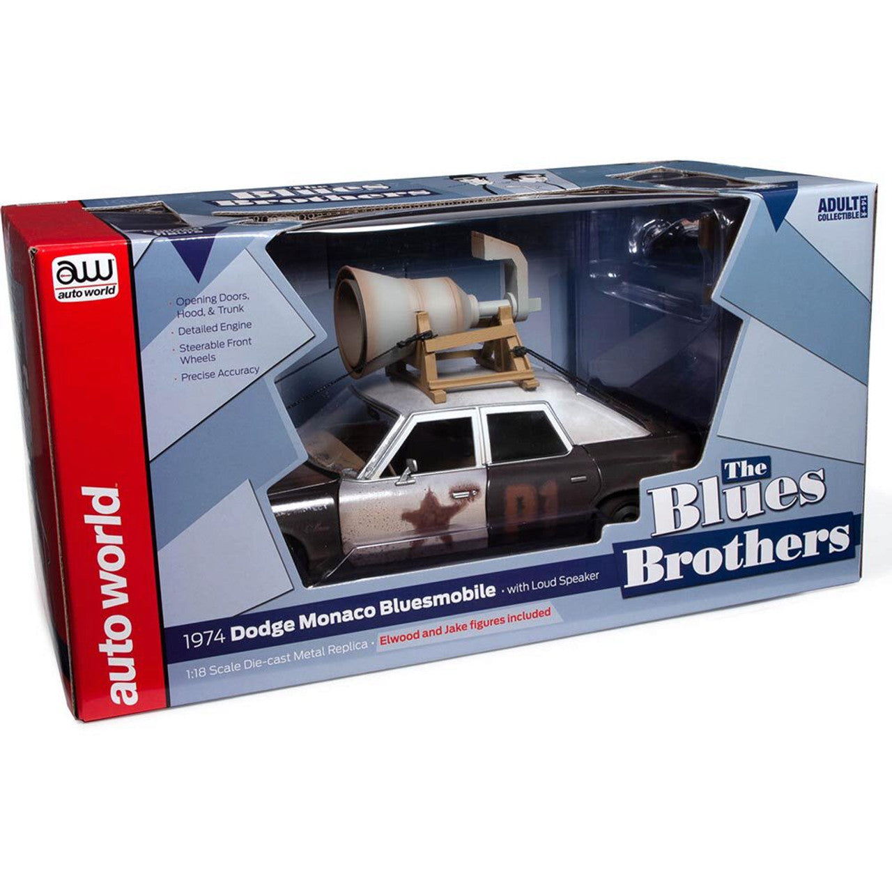 Blues Brothers 1974 Dodge Monaco Police Pursuit with Jake & Elwood Figures 1:18 Scale Diecast Model Car by Auto World