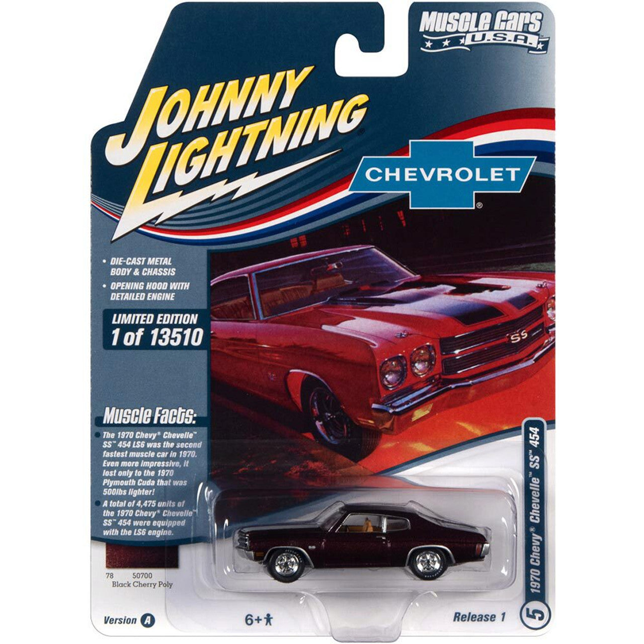 1970 Chevrolet SS 454-Black Cherry w/White Stripe 1:64 Scale Diecast Model Car by Johnny Lightning