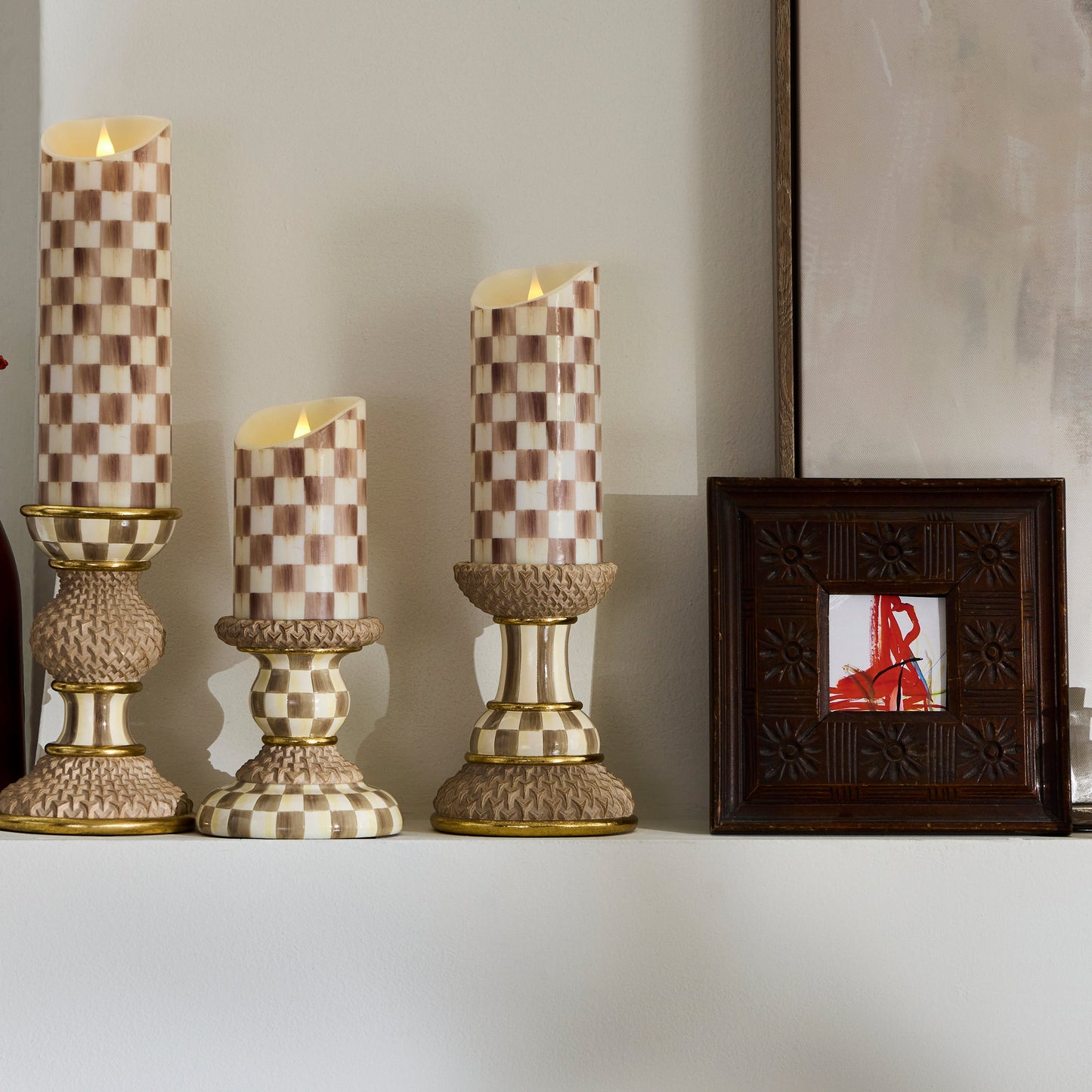 Mocha Check Flameless 7¡å Pillar Candle