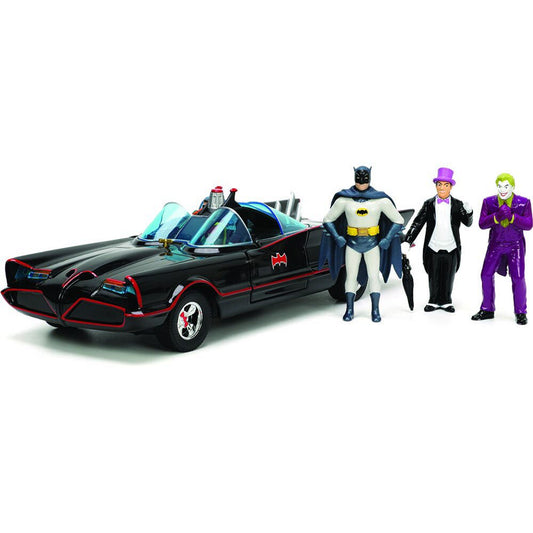 1966 Batmobile w/Batman, Robin Penguin & Joker Figures 1:24 Scale Diecast Model Car by Jada Toys