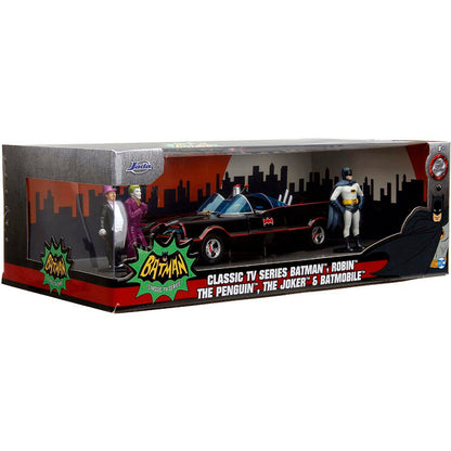 1966 Batmobile w/Batman, Robin Penguin & Joker Figures 1:24 Scale Diecast Model Car by Jada Toys