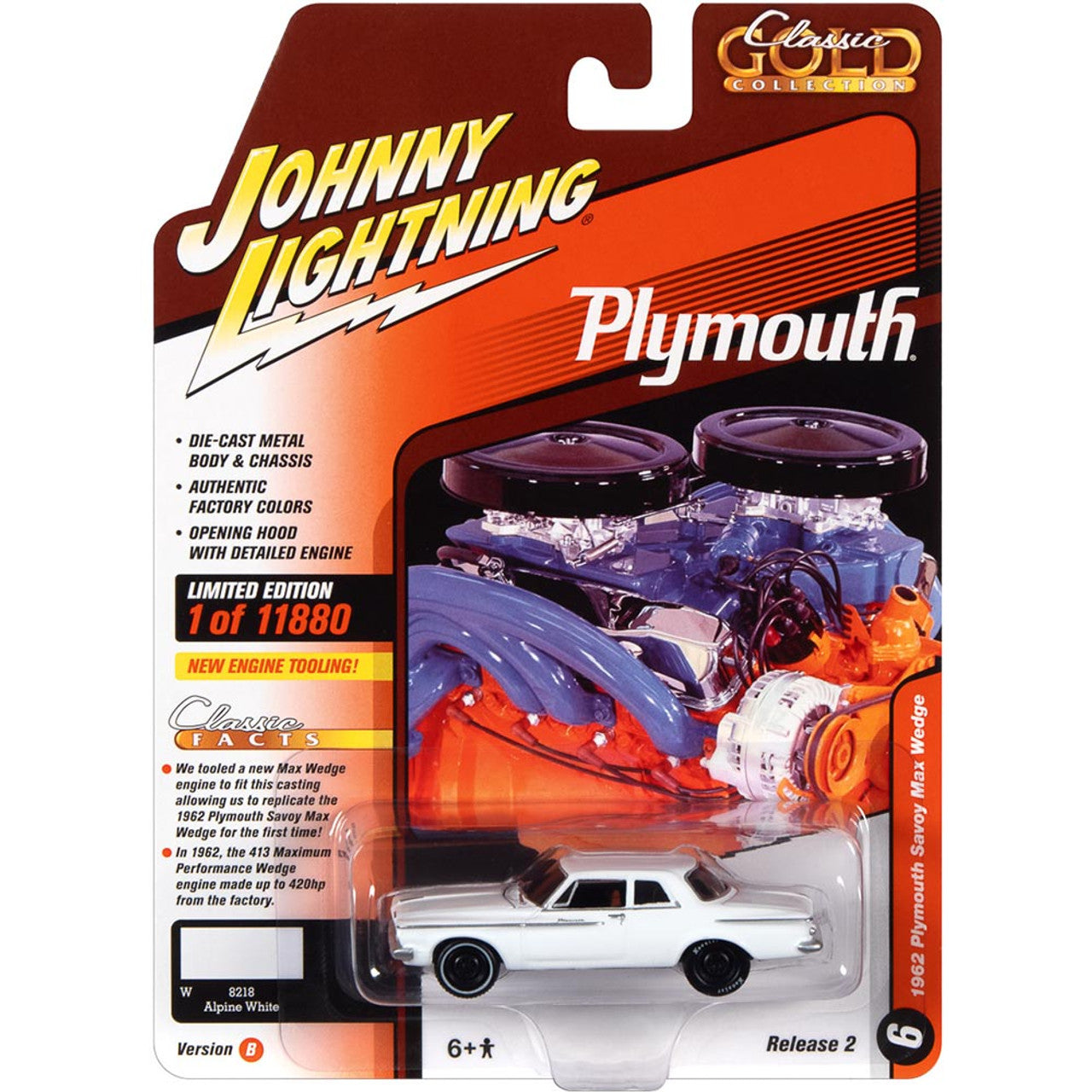 1962 Plymouth Savoy Max Wedge - Alpine White 1:64 Scale Diecast Model Car by Johnny Lightning
