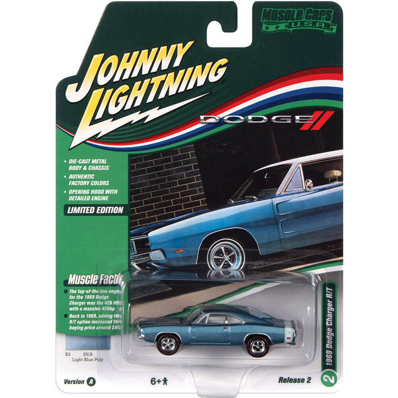 1969 Dodge Charger R/T - B3 Blue Poly 1:64 Scale Diecast Model Car by Johnny Lightning