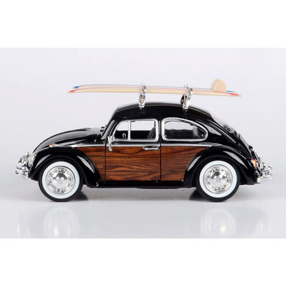 Volkswagen Beetle with Surfboard - Black 1:24 Scale Diecast Model Car by Motormax