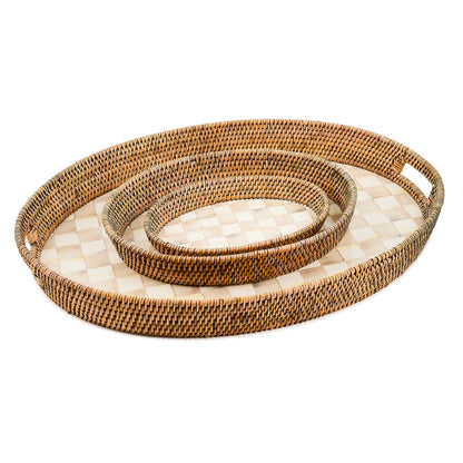 Mocha Check Enamel &amp; Rattan Party Tray