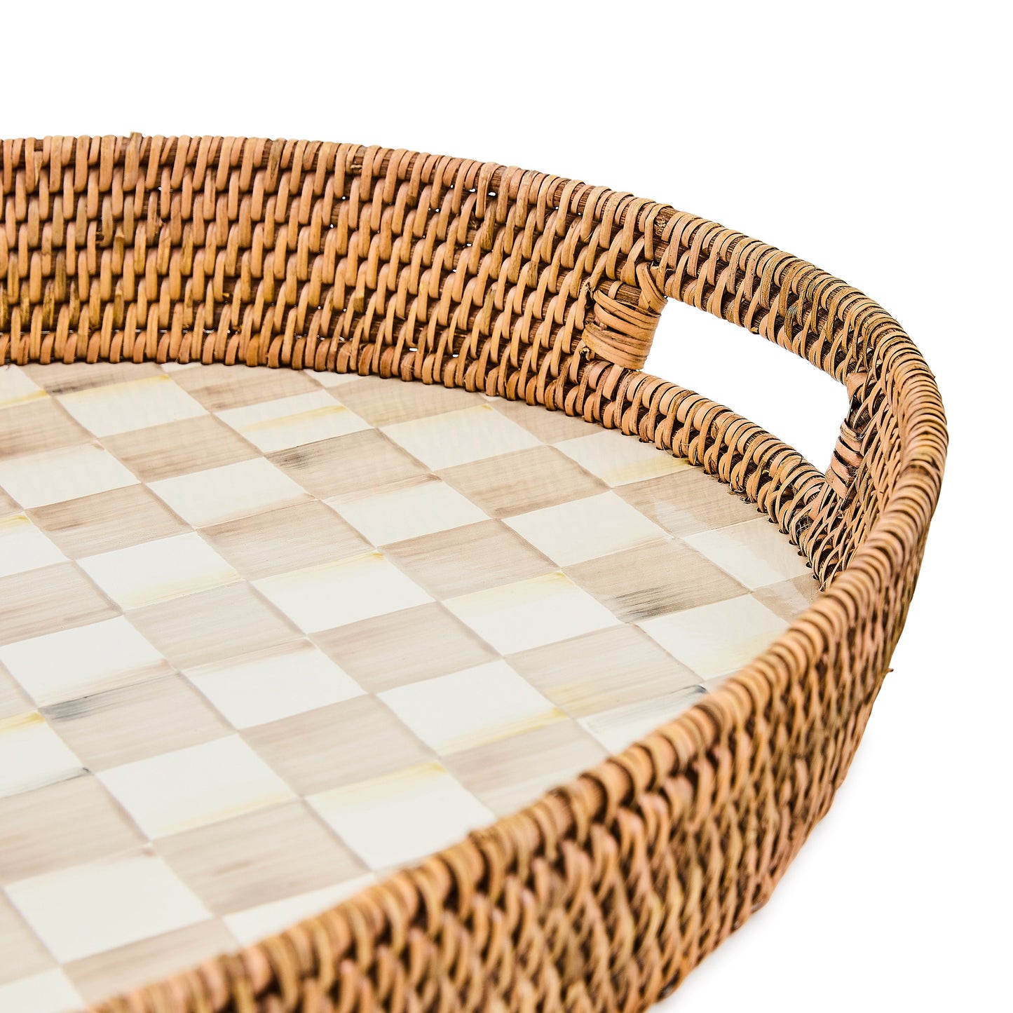 Mocha Check Enamel &amp; Rattan Party Tray