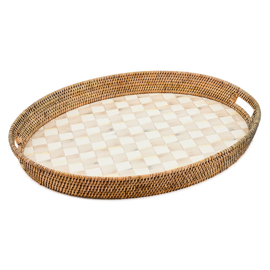 Mocha Check Enamel &amp; Rattan Party Tray