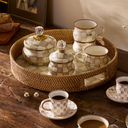 Mocha Check Enamel &amp; Rattan Round Serving Tray