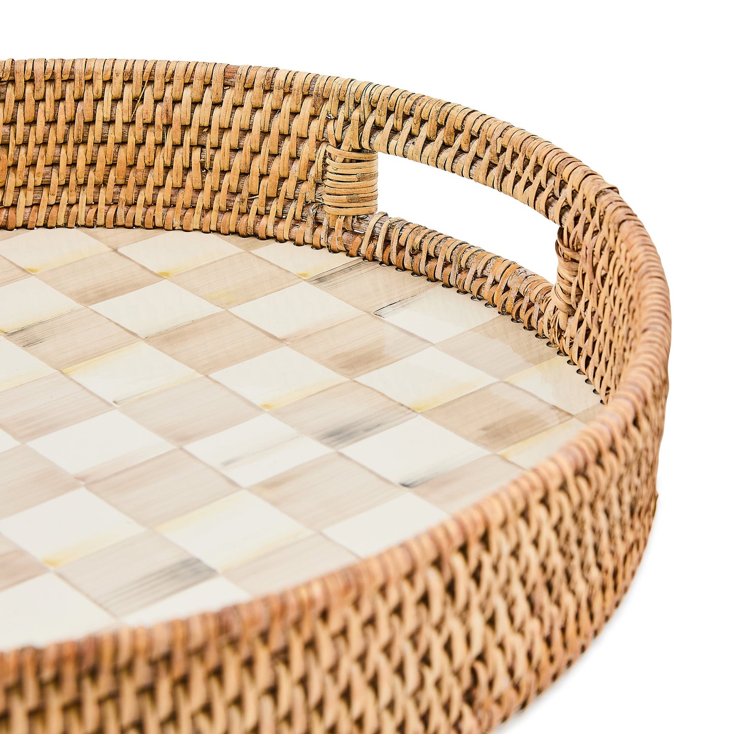 Mocha Check Enamel &amp; Rattan Round Serving Tray
