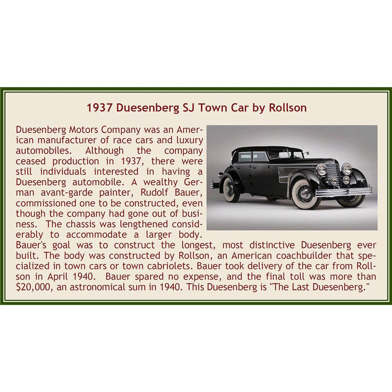 1937 Duesenberg SJ Coupé de Ville by Rollson for Rudolf Bauer 1:43 Scale Cast Resin Model Car by Esval Models