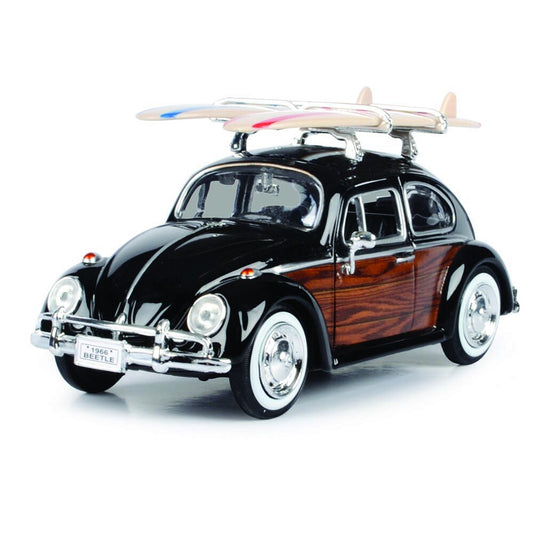 Volkswagen Beetle with Surfboard - Black 1:24 Scale Diecast Model Car by Motormax