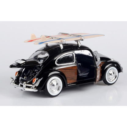 Volkswagen Beetle with Surfboard - Black 1:24 Scale Diecast Model Car by Motormax