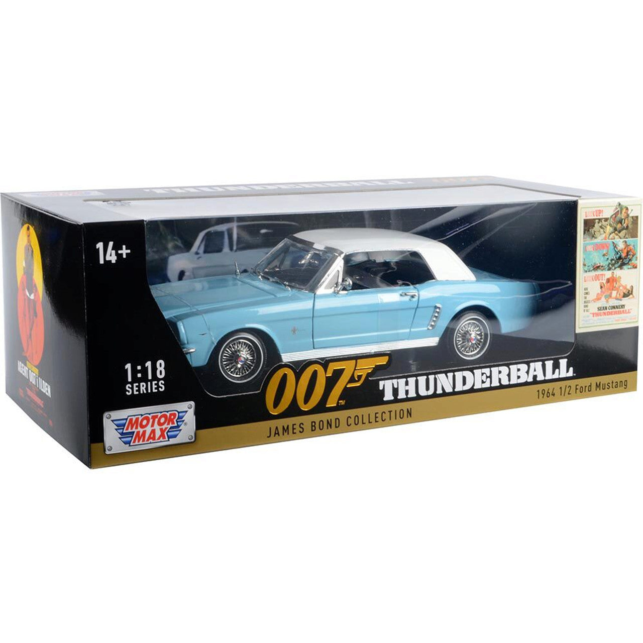 James Bond 1964 1/2 Ford Mustang Thunderball Hardtop - Blue/White 1:18 Scale Diecast Model Car by Motormax