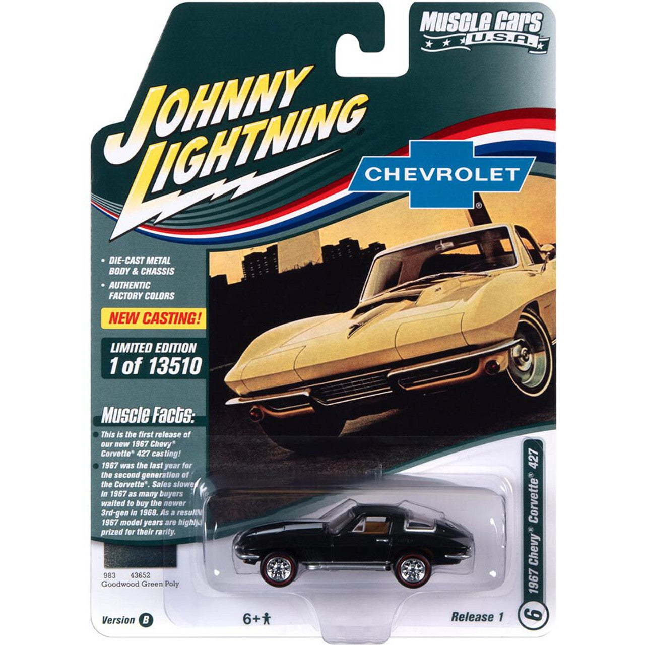 1967 Corvette-Green Poly w/White Stinger Stripe 1:64 Scale Diecast Model Car by Johnny Lightning
