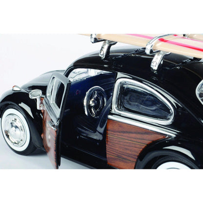 Volkswagen Beetle with Surfboard - Black 1:24 Scale Diecast Model Car by Motormax