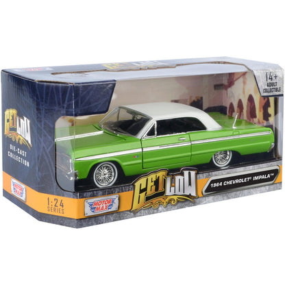 1964 Chevy Impala Low Rider - Metallic Light Green with White Top 1:24 Scale Diecast Model Car by Motormax